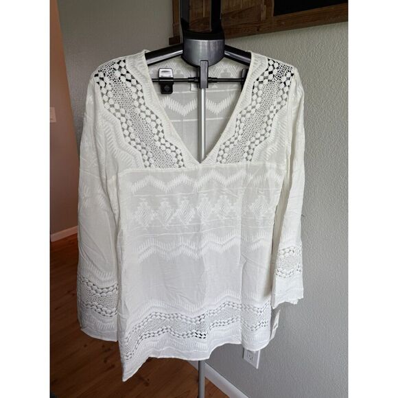 NWT La Blanca White Embroidered Eyelet V Neck Swim Cover Up Dress Bell Sleeves M - Picture 2 of 6